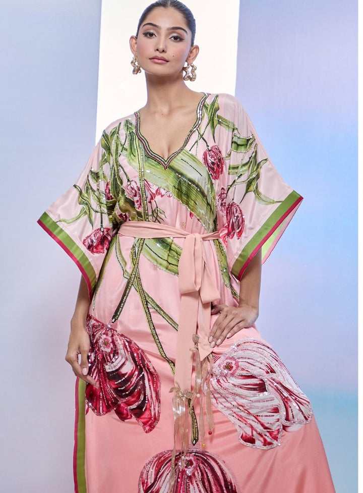 Peach Crepe Print Tulip Blossom V Neck Kaftan