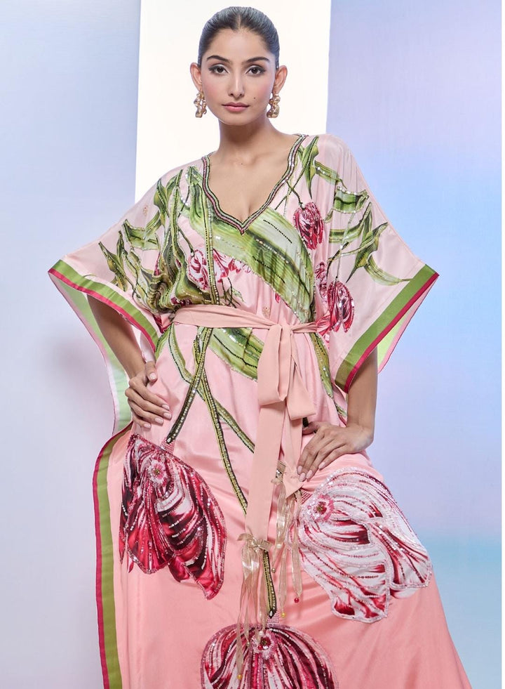 Peach Crepe Print Tulip Blossom V Neck Kaftan
