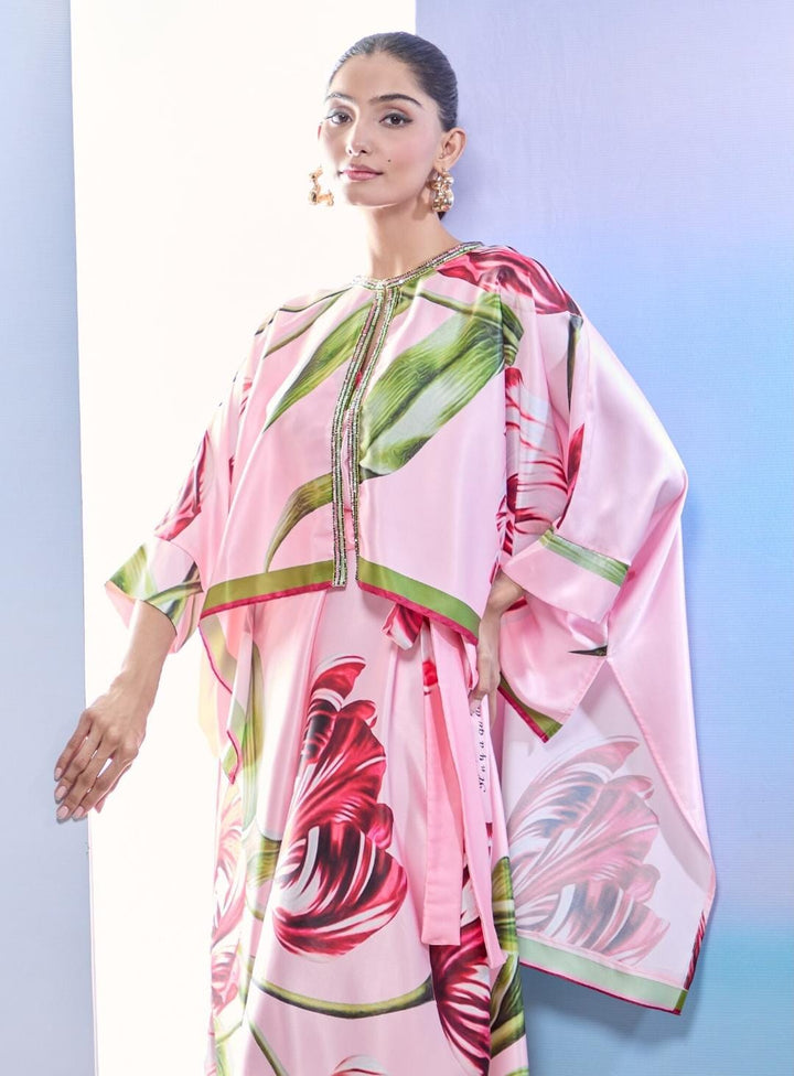 Pink Satin Sequins Round Neck Tulip Print Jacket Kaftan Set