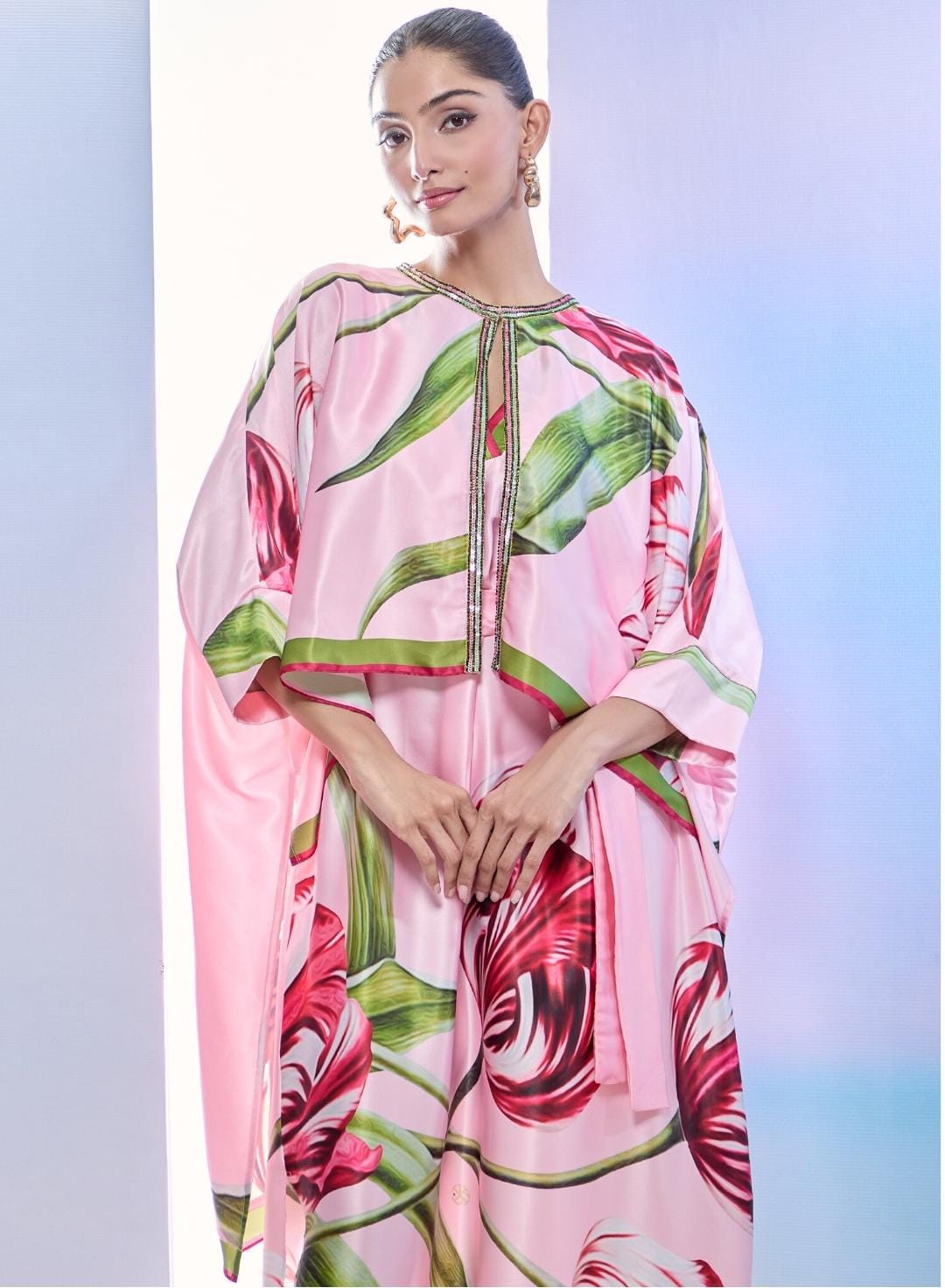 Pink Satin Sequins Round Neck Tulip Print Jacket Kaftan Set