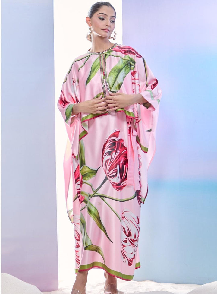 Pink Satin Sequins Round Neck Tulip Print Jacket Kaftan Set