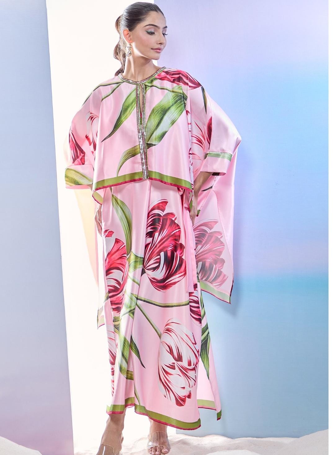 Pink Satin Sequins Round Neck Tulip Print Jacket Kaftan Set