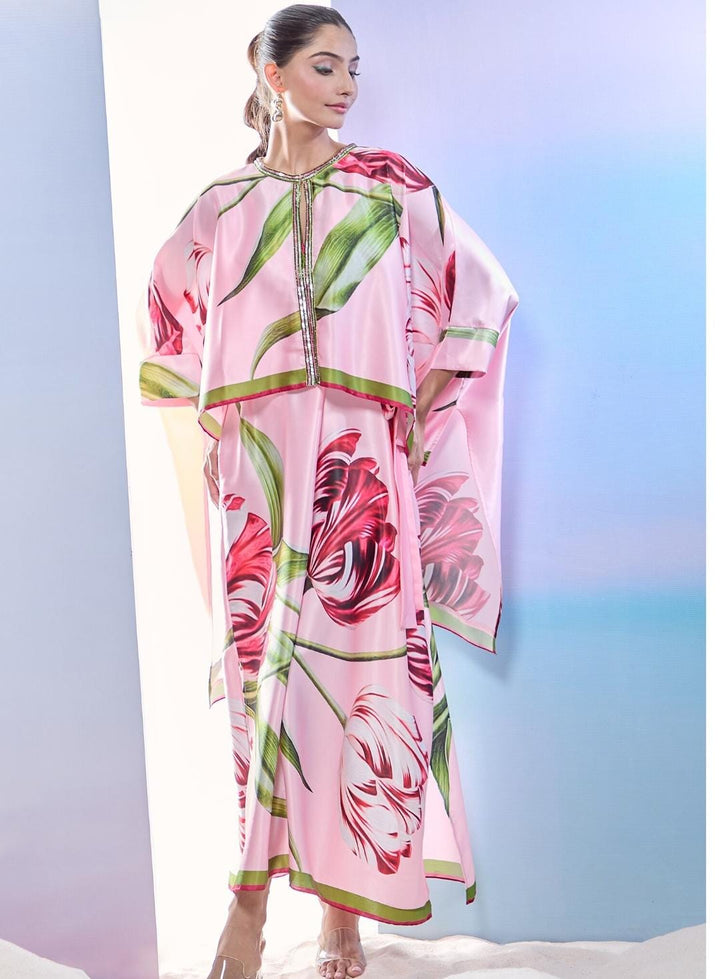 Pink Satin Sequins Round Neck Tulip Print Jacket Kaftan Set