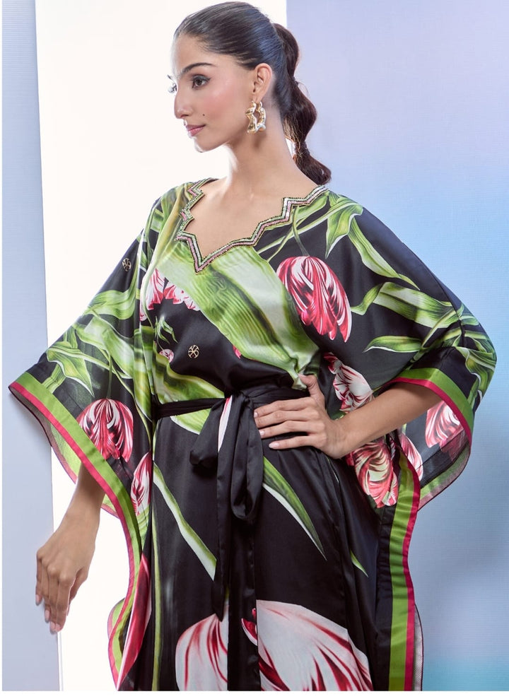 Black Satin Printed Tulip Wavy V-neck Sequined Kaftan