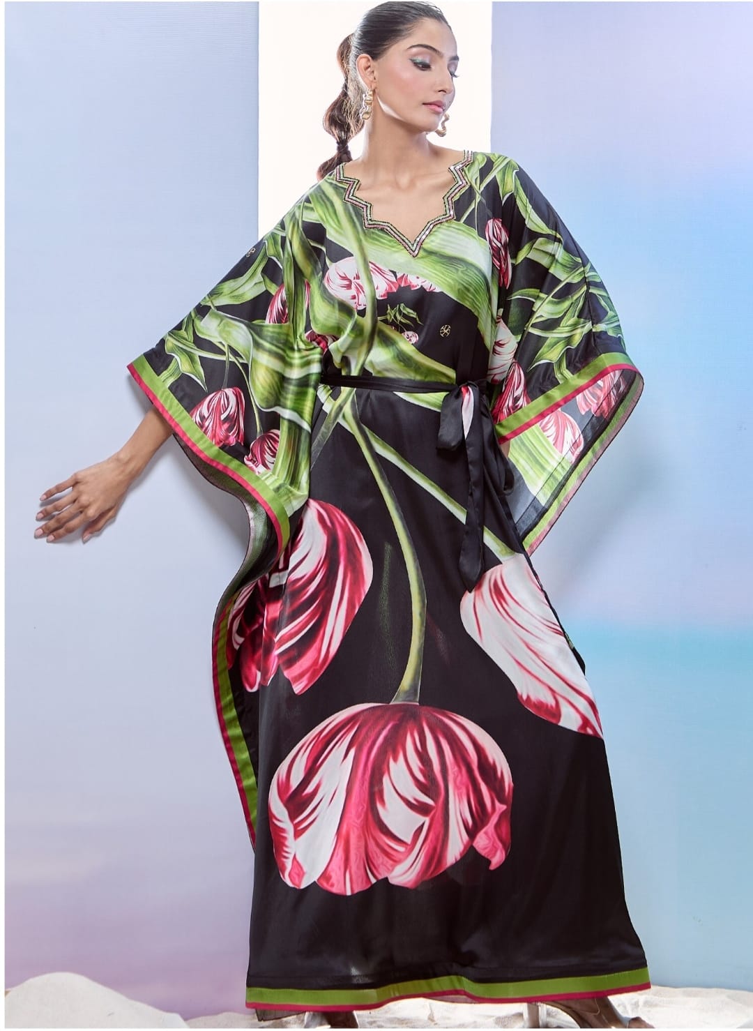 Black Satin Printed Tulip Wavy V-neck Sequined Kaftan