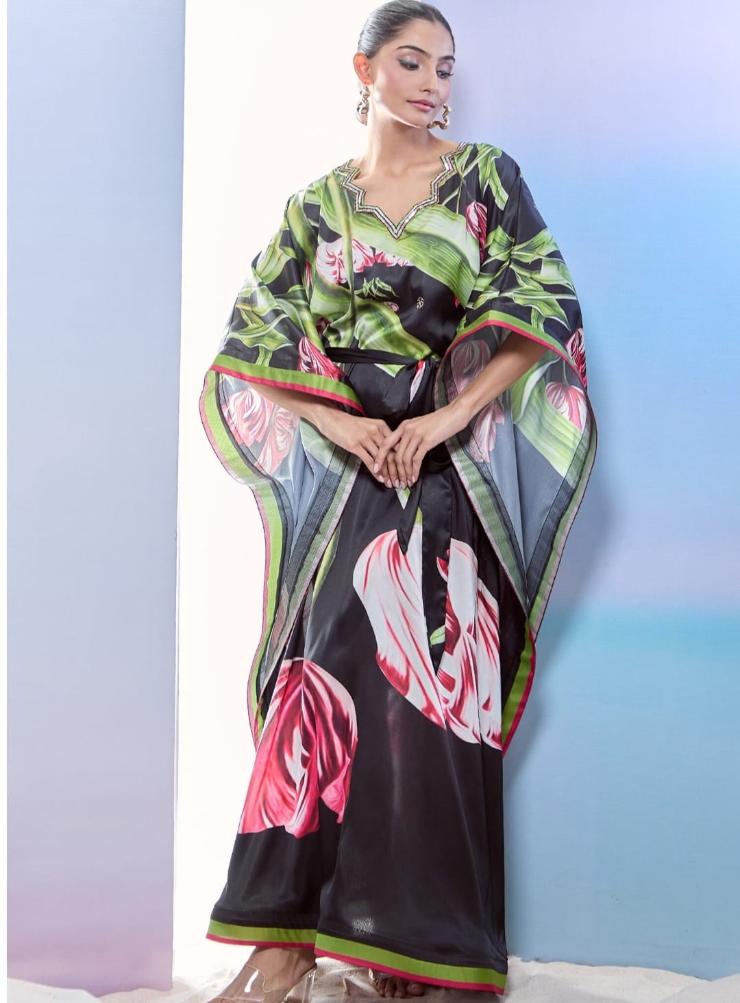 Black Satin Printed Tulip Wavy V-neck Sequined Kaftan