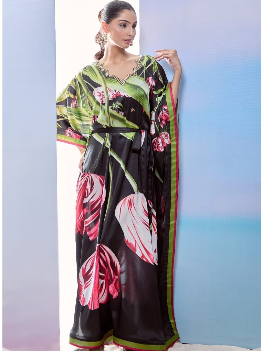 Black Satin Printed Tulip Wavy V-neck Sequined Kaftan