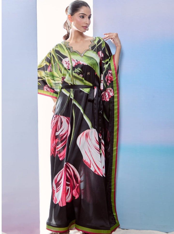 Black Satin Printed Tulip Wavy V-neck Sequined Kaftan