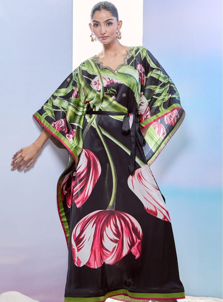 Black Satin Printed Tulip Wavy V-neck Sequined Kaftan