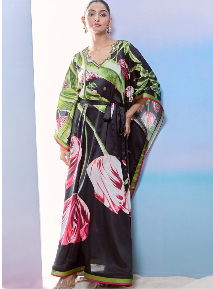 Black Satin Printed Tulip Wavy V-neck Sequined Kaftan