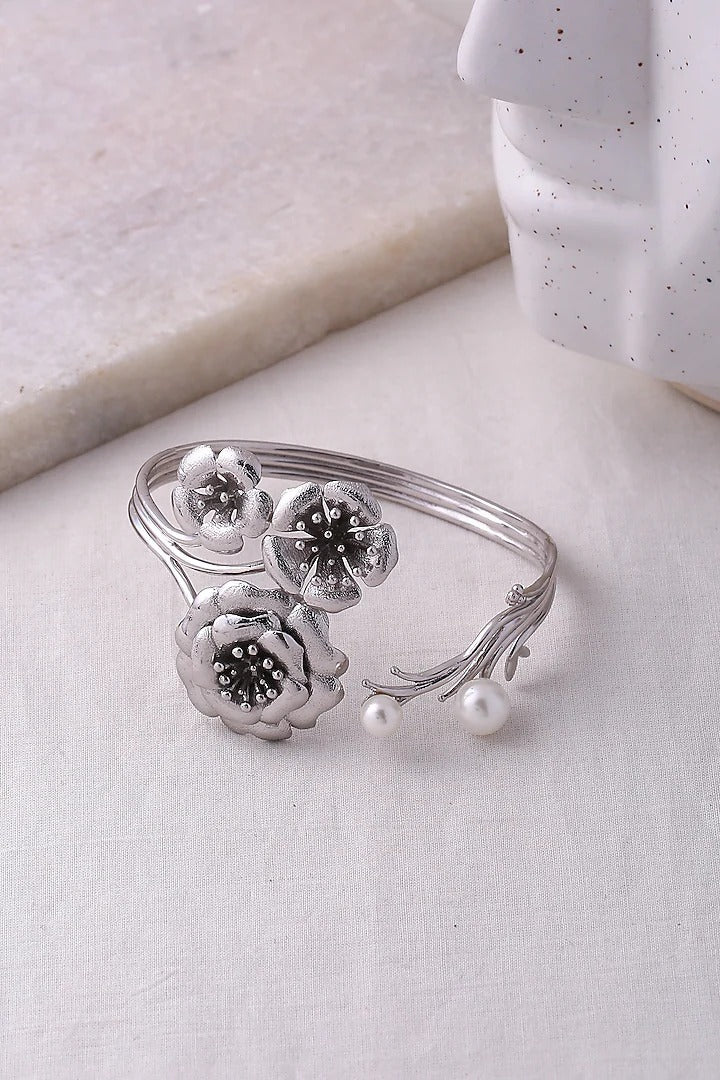 Periwinkle Cuff Bracelet - Silver Textured Finish | Astha Jagwani