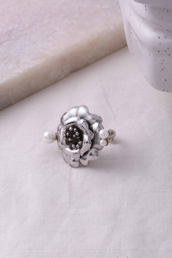 Indian Rose Ring - Silver Textured Finish | Astha Jagwani