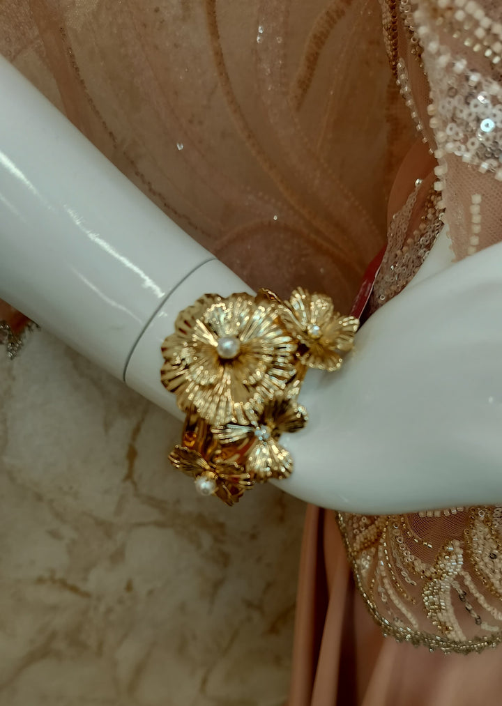 Gold Floral Textured Cuff Bracelet|Inaayat by Divya Tainmi