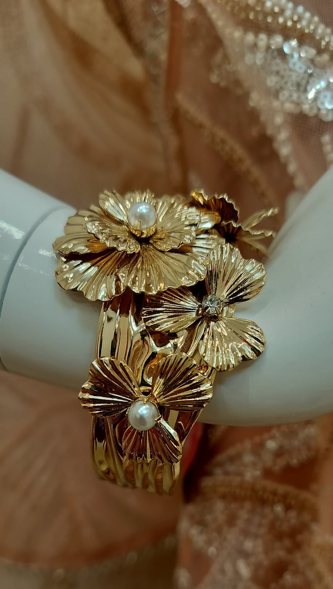 Gold Floral Textured Cuff Bracelet|Inaayat by Divya Tainmi