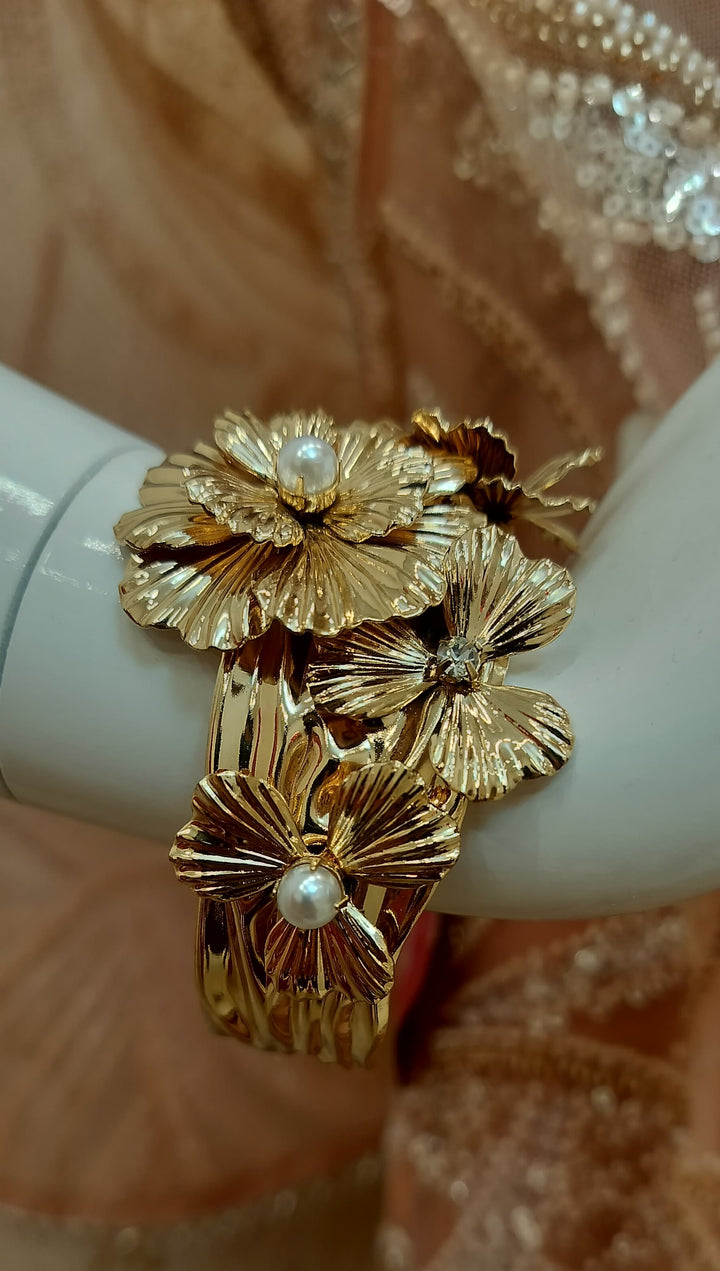 Gold Floral Textured Cuff Bracelet|Inaayat by Divya Tainmi