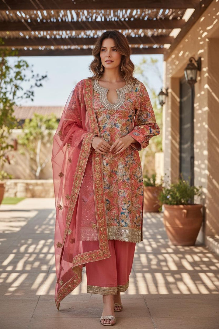 Peach Floral Embroidered Suit Set|Kuwarani Ritu