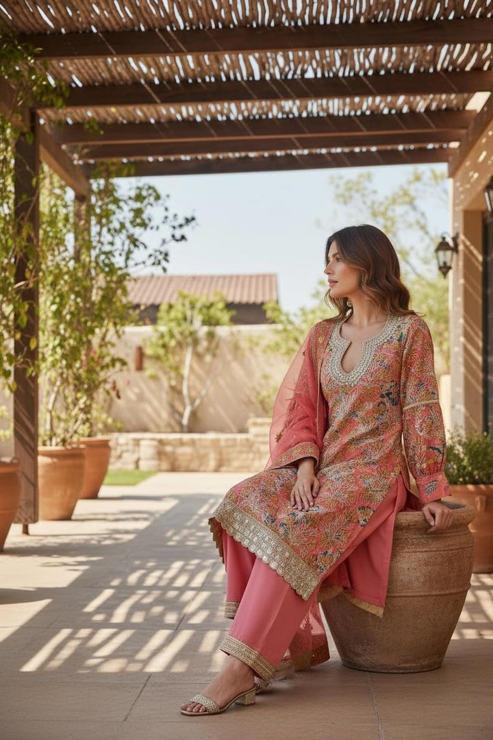 Peach Floral Embroidered Suit Set|Kuwarani Ritu