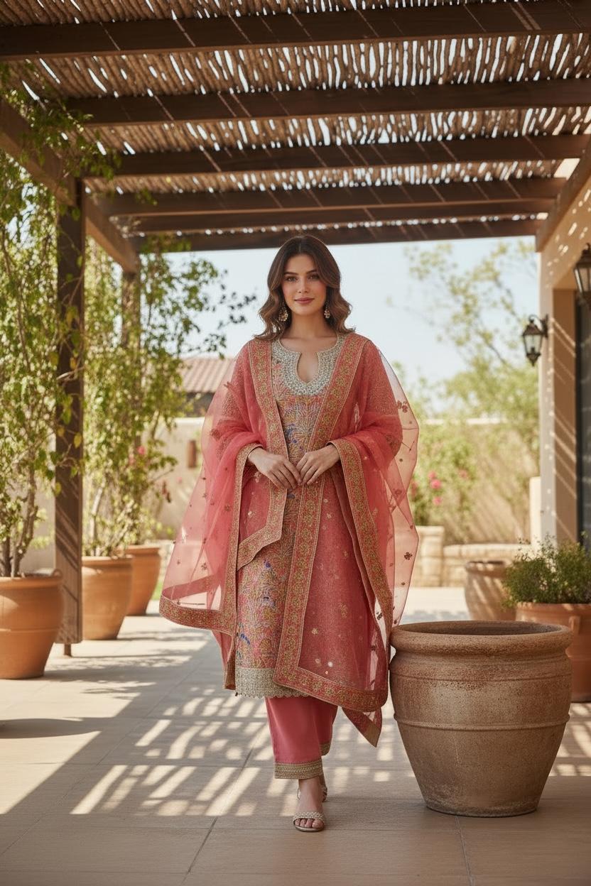 Peach Floral Embroidered Suit Set|Kuwarani Ritu