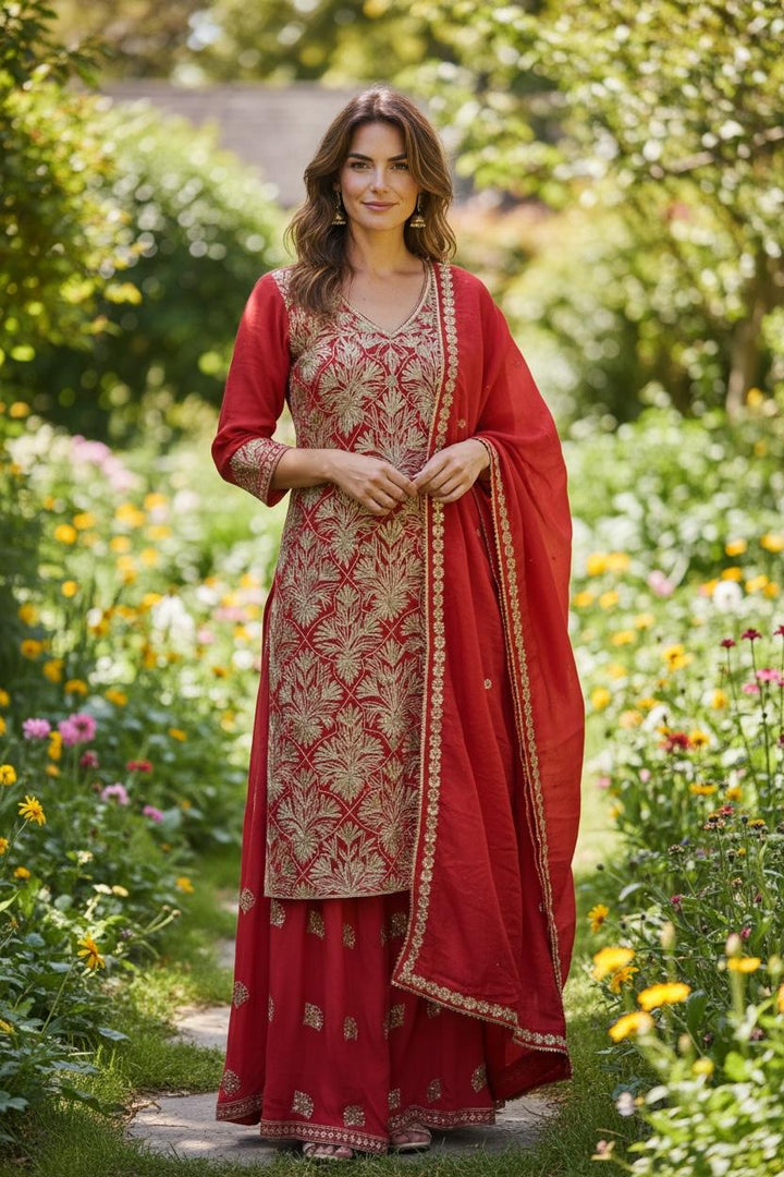 Crimson Gold Embroidered Sharara Set|Kuwarani Ritu