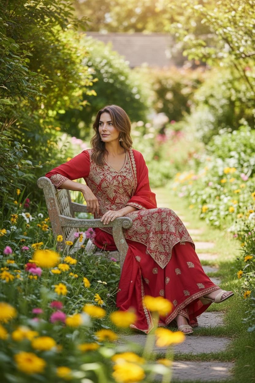 Crimson Gold Embroidered Sharara Set|Kuwarani Ritu