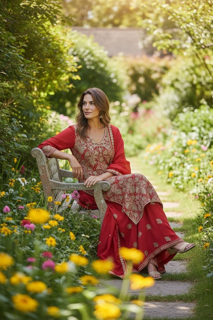 Crimson Gold Embroidered Sharara Set|Kuwarani Ritu