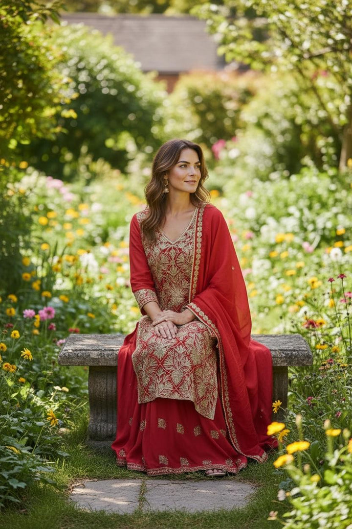 Crimson Gold Embroidered Sharara Set|Kuwarani Ritu