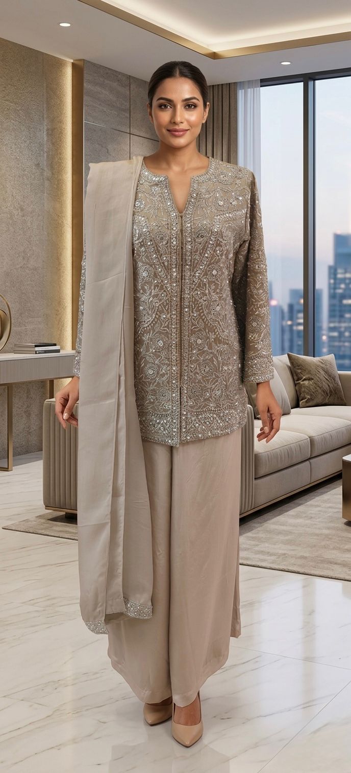 Taupe Embroidered Kurta Set with Dupatta |Basanti Kapde Aur Koffee