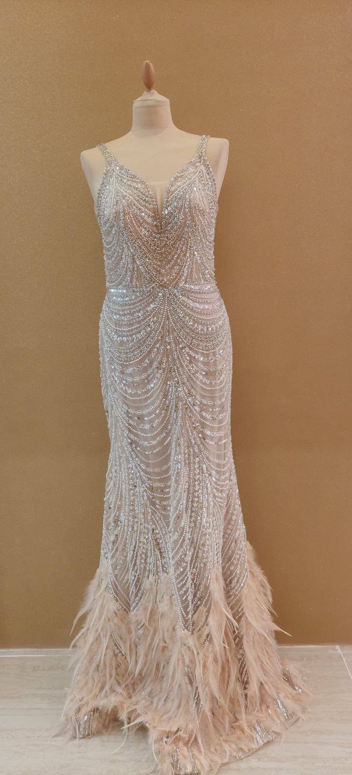 Champagne Sequin Mermaid Gown with Illusion Cape and Ostrich Feather Trim  | Inaayat by Divya Taimni