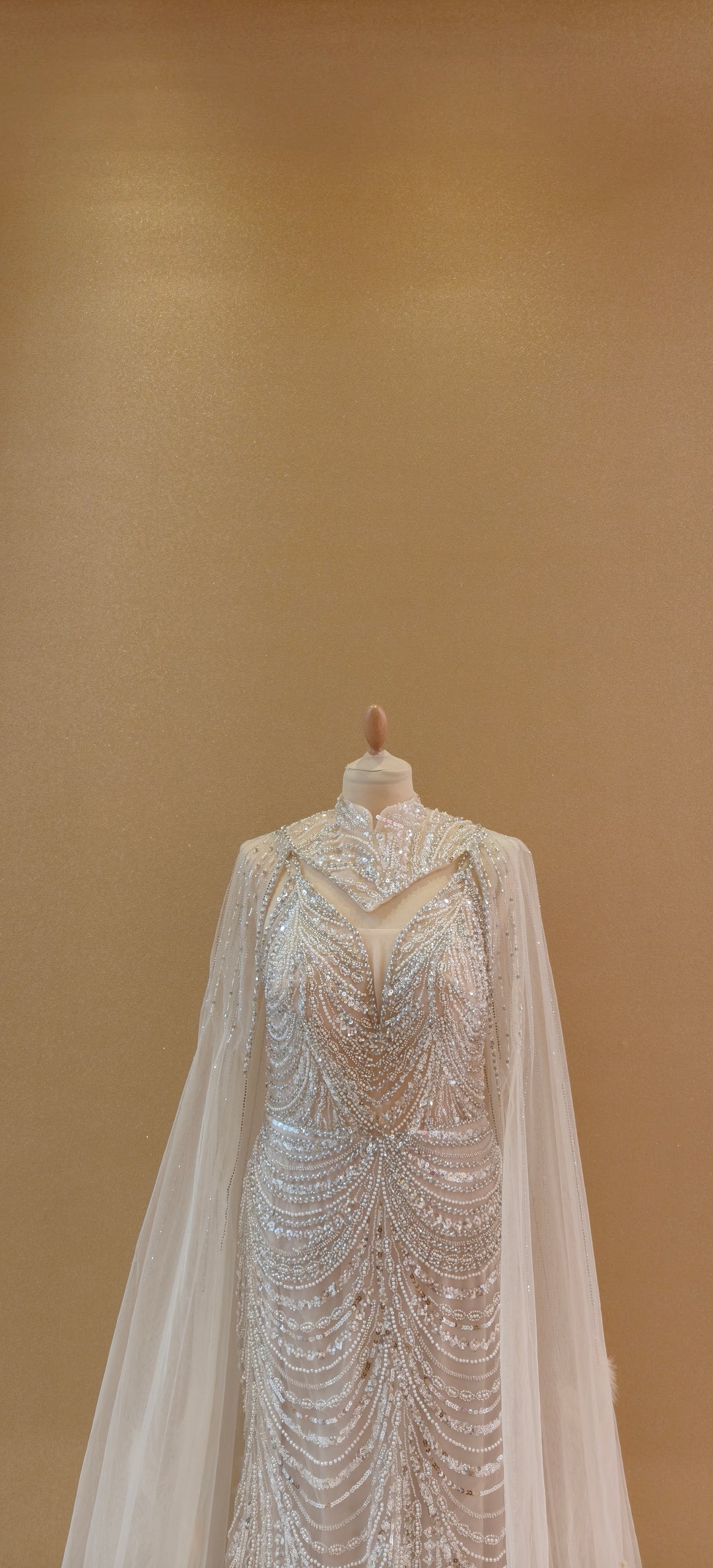 Champagne Sequin Mermaid Gown with Illusion Cape and Ostrich Feather Trim  | Inaayat by Divya Taimni