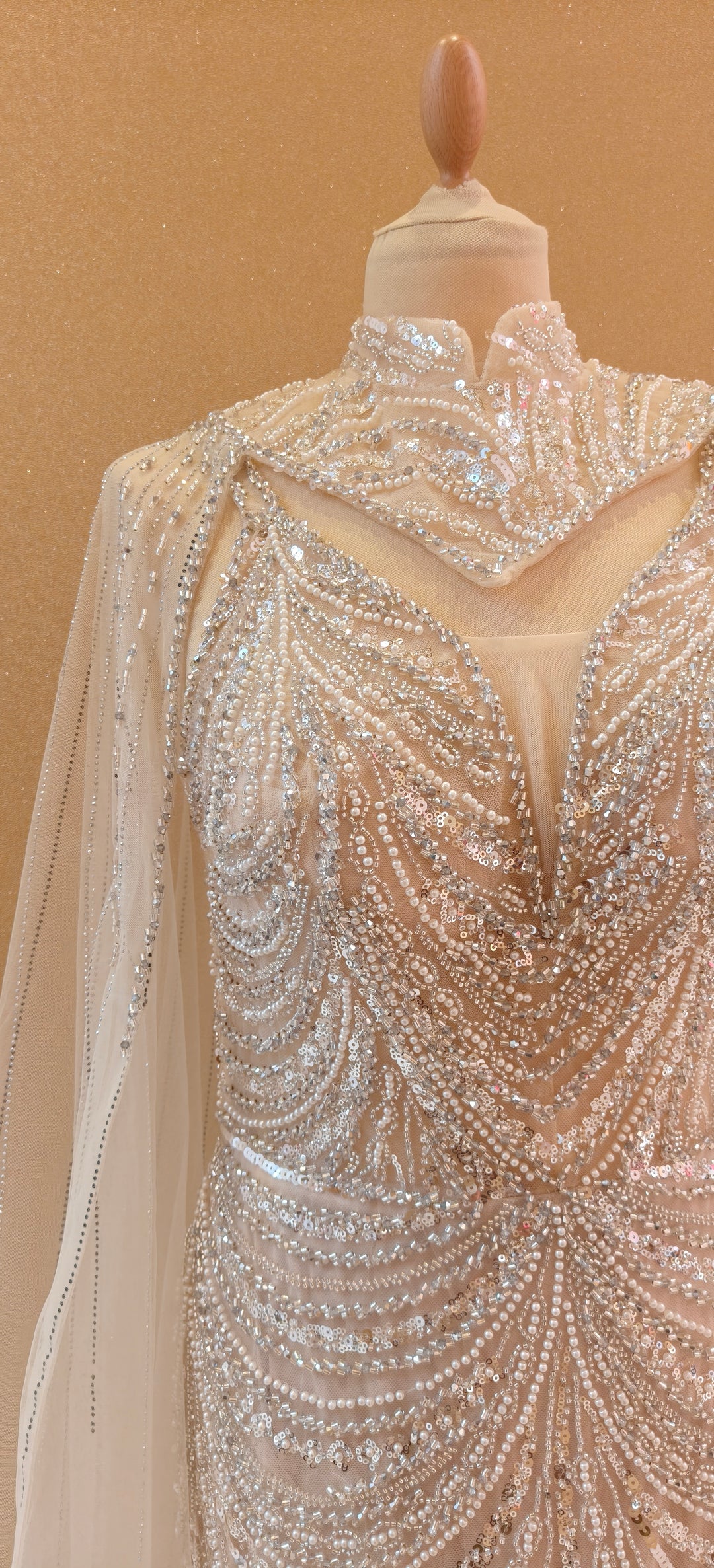 Champagne Sequin Mermaid Gown with Illusion Cape and Ostrich Feather Trim  | Inaayat by Divya Taimni