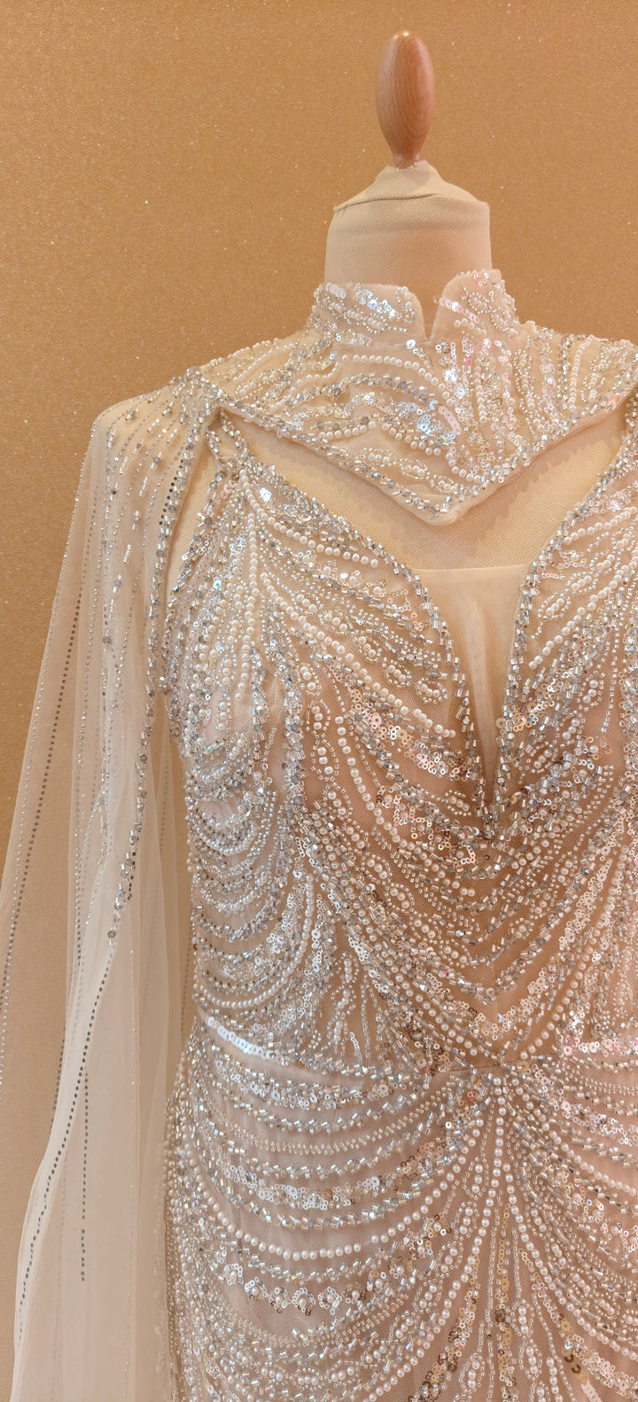 Champagne Sequin Mermaid Gown with Illusion Cape and Ostrich Feather Trim  | Inaayat by Divya Taimni