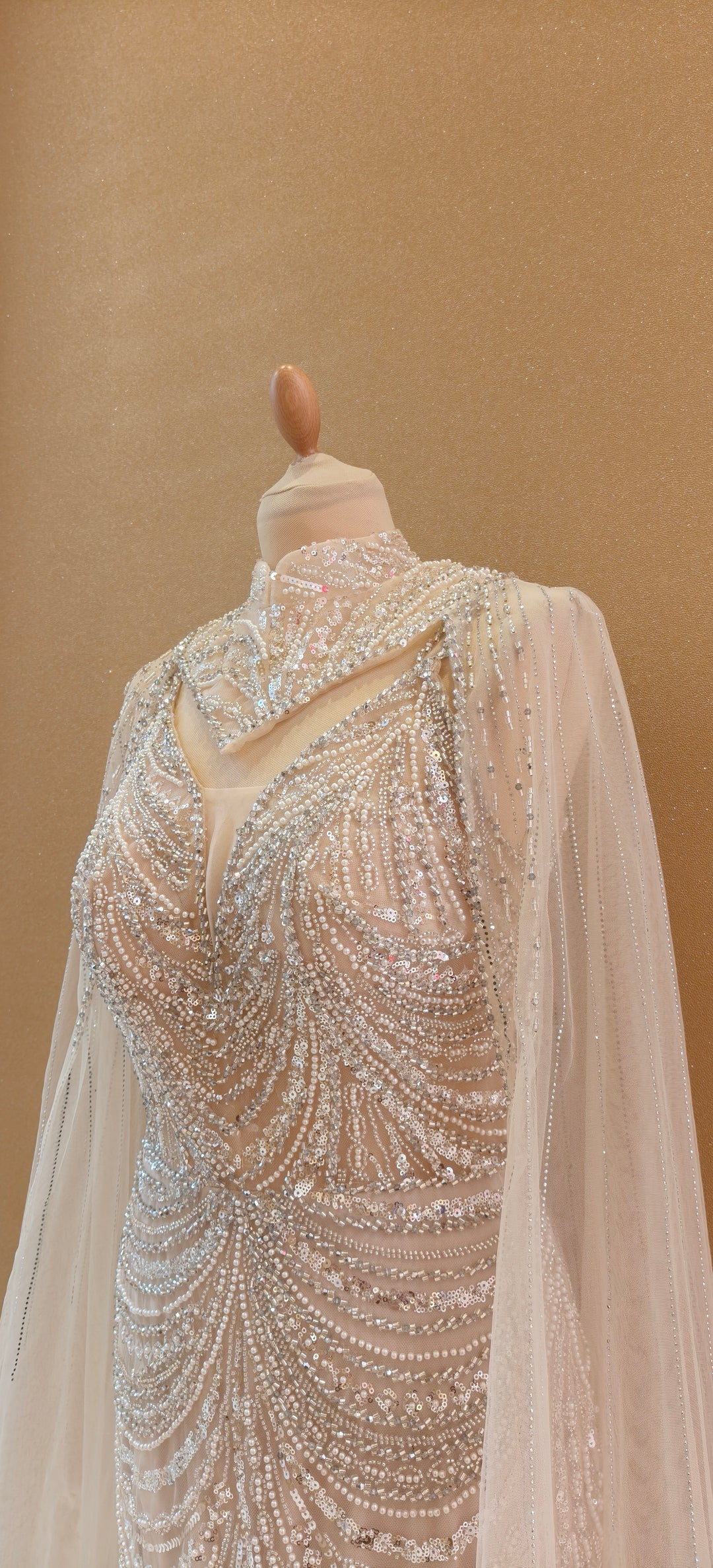 Champagne Sequin Mermaid Gown with Illusion Cape and Ostrich Feather Trim  | Inaayat by Divya Taimni