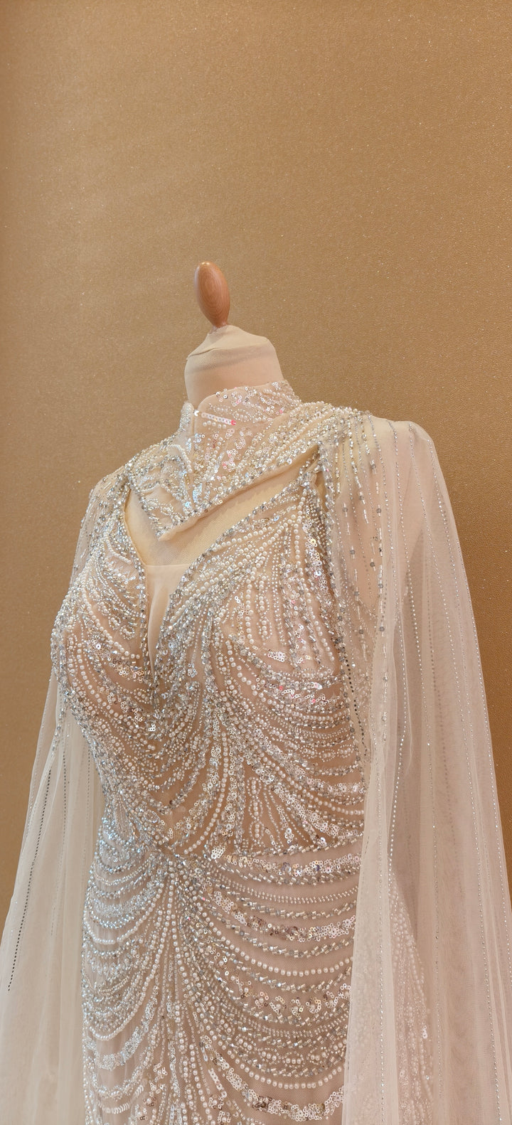 Champagne Sequin Mermaid Gown with Illusion Cape and Ostrich Feather Trim  | Inaayat by Divya Taimni
