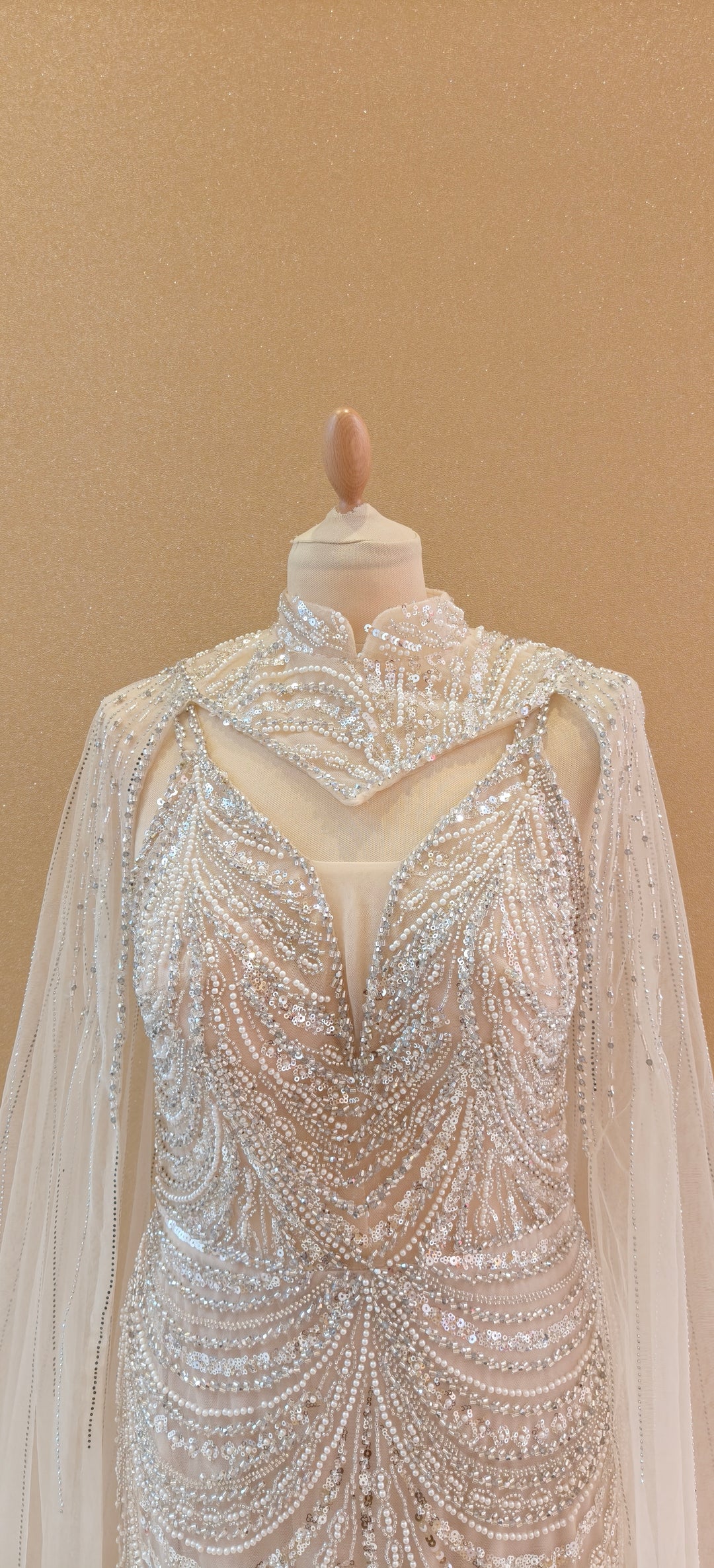 Champagne Sequin Mermaid Gown with Illusion Cape and Ostrich Feather Trim  | Inaayat by Divya Taimni