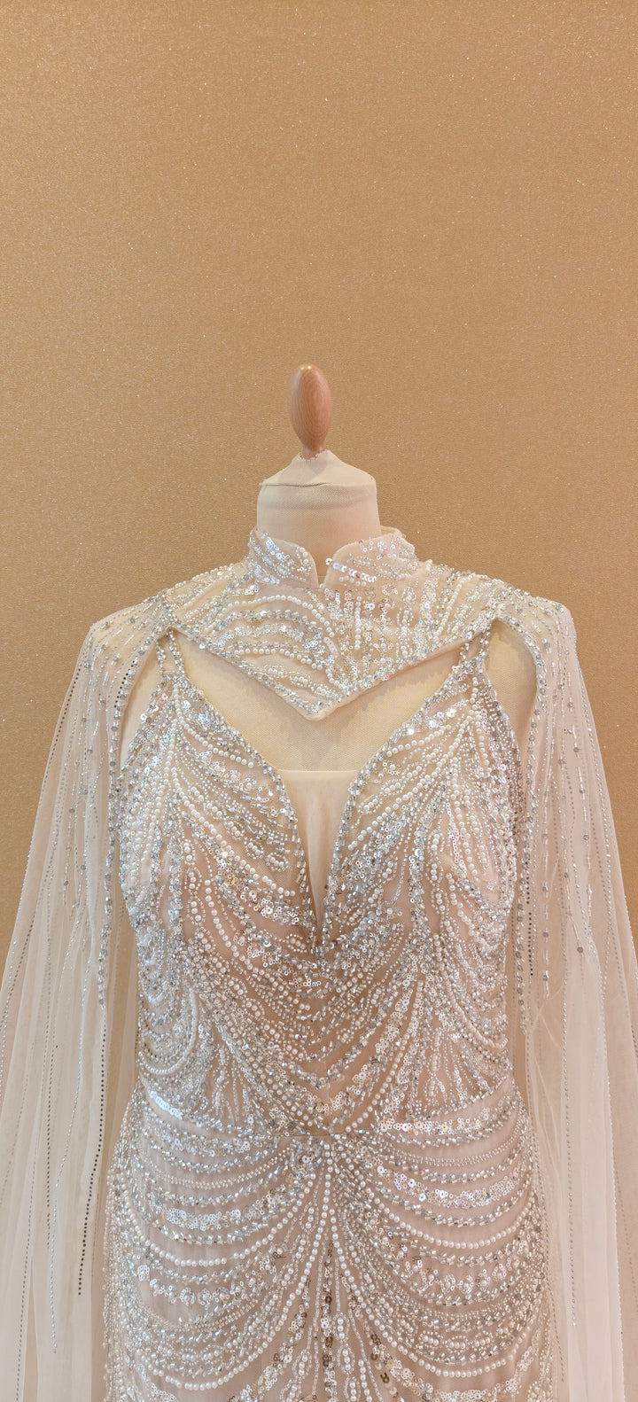 Champagne Sequin Mermaid Gown with Illusion Cape and Ostrich Feather Trim  | Inaayat by Divya Taimni