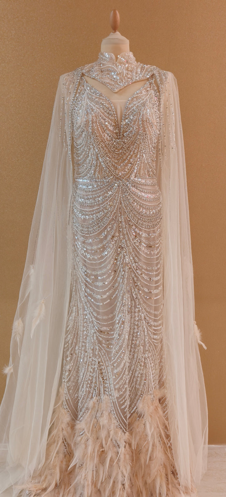 Champagne Sequin Mermaid Gown with Illusion Cape and Ostrich Feather Trim  | Inaayat by Divya Taimni