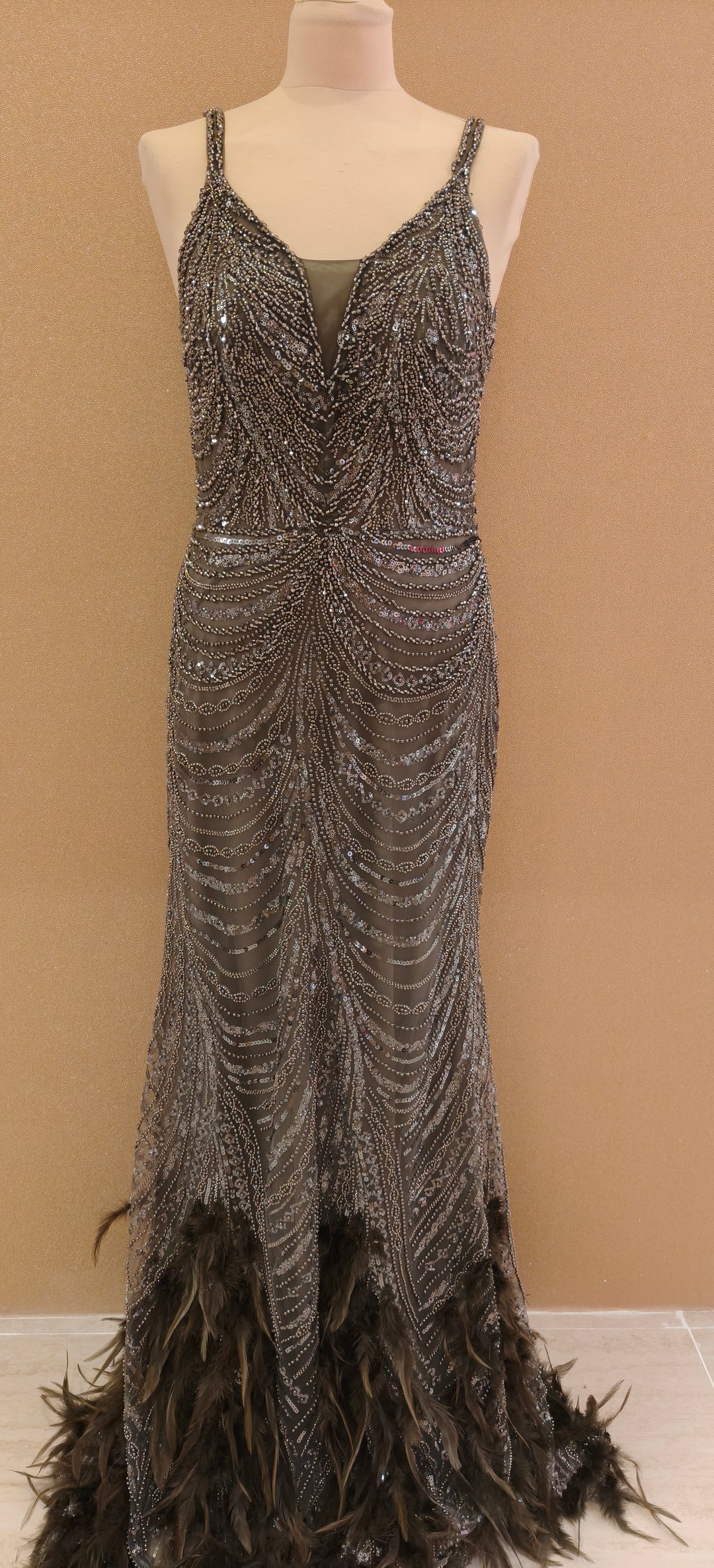 Green Sequin Mermaid Gown with Illusion Cape and Ostrich Feather Trim  | Inaayat by Divya Taimni