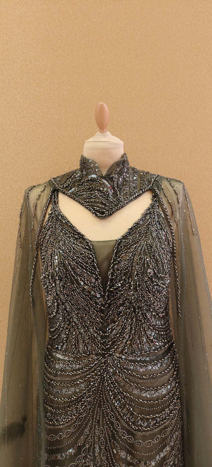 Green Sequin Mermaid Gown with Illusion Cape and Ostrich Feather Trim  | Inaayat by Divya Taimni