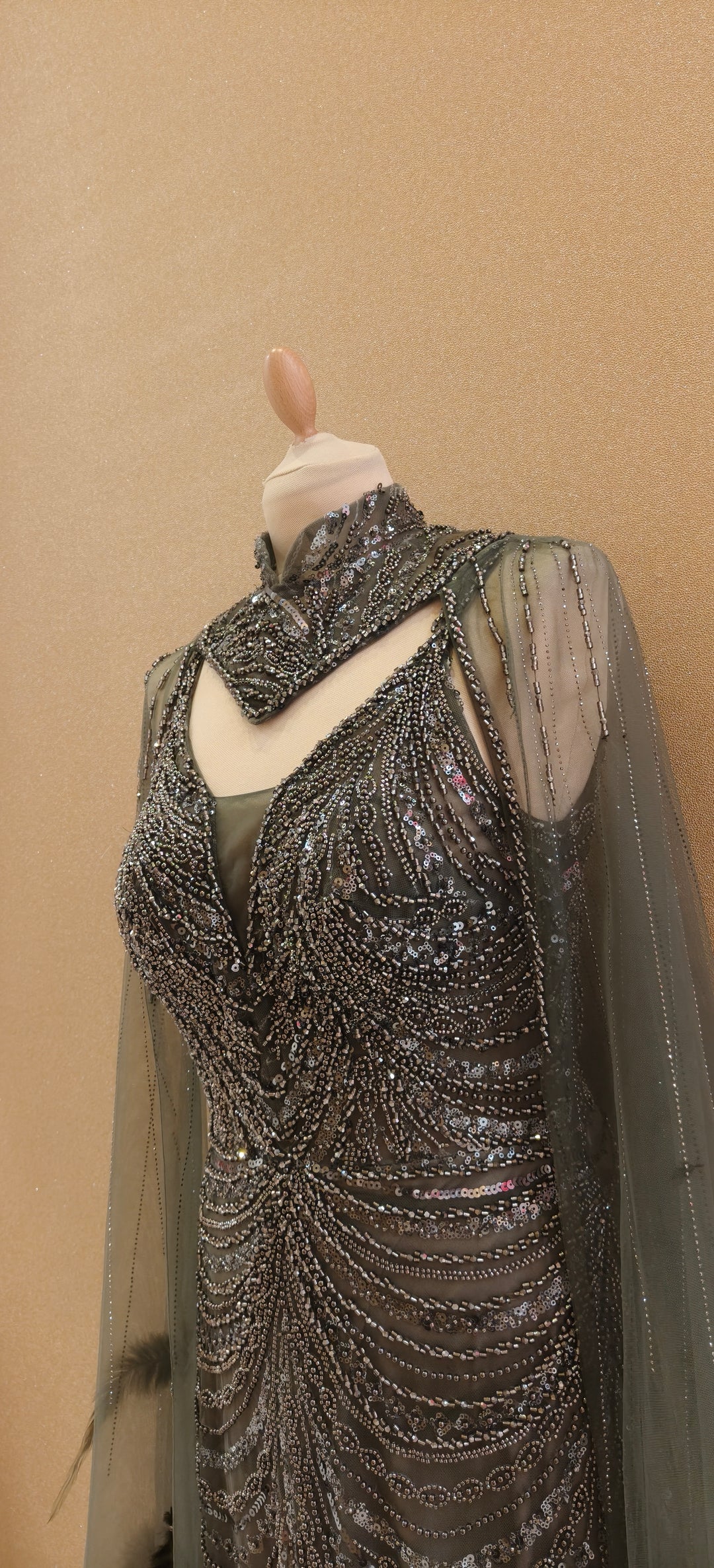 Green Sequin Mermaid Gown with Illusion Cape and Ostrich Feather Trim  | Inaayat by Divya Taimni