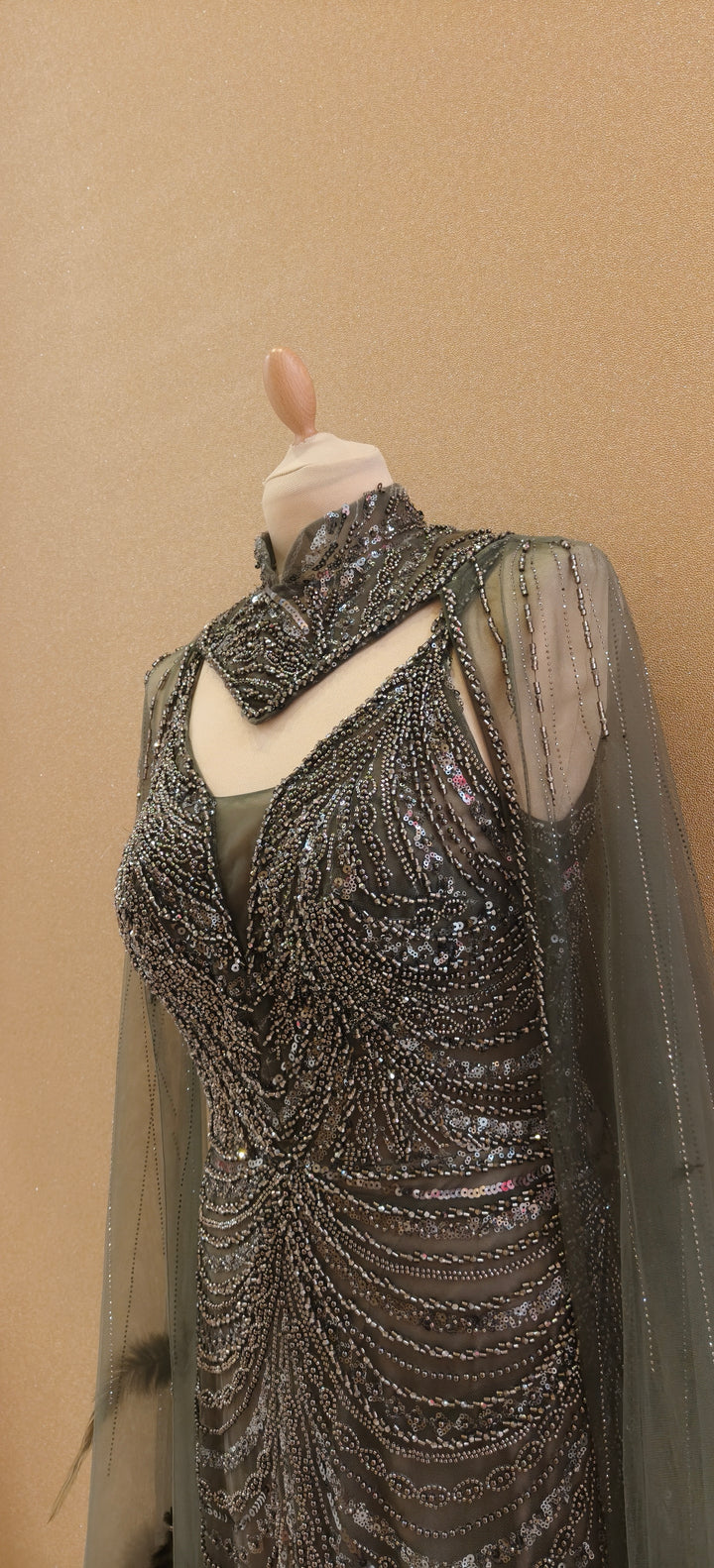 Green Sequin Mermaid Gown with Illusion Cape and Ostrich Feather Trim  | Inaayat by Divya Taimni