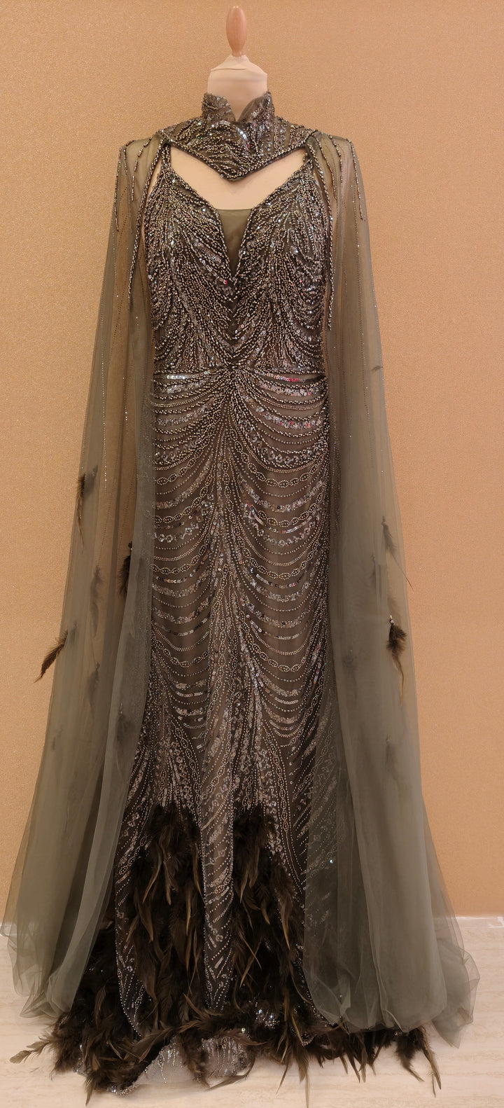 Green Sequin Mermaid Gown with Illusion Cape and Ostrich Feather Trim  | Inaayat by Divya Taimni