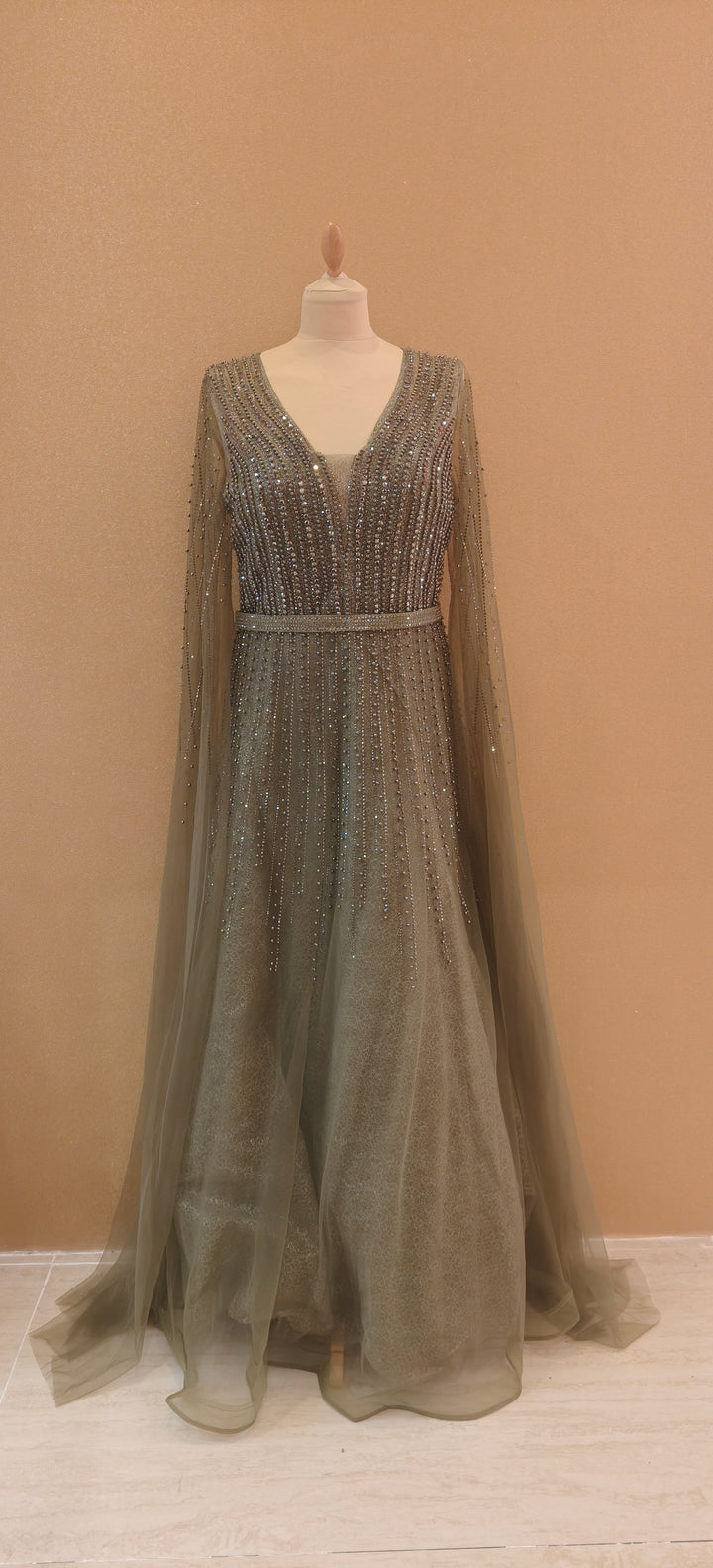 Olive Glitz Cape-Sleeve Evening Gown| Inaayat by Divya Taimni