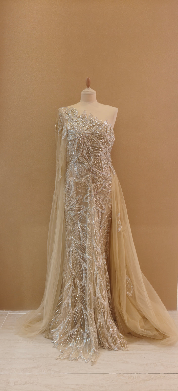 Champagne Floral Sequin One-Shoulder Gown| Inaayat by Divya Taimni