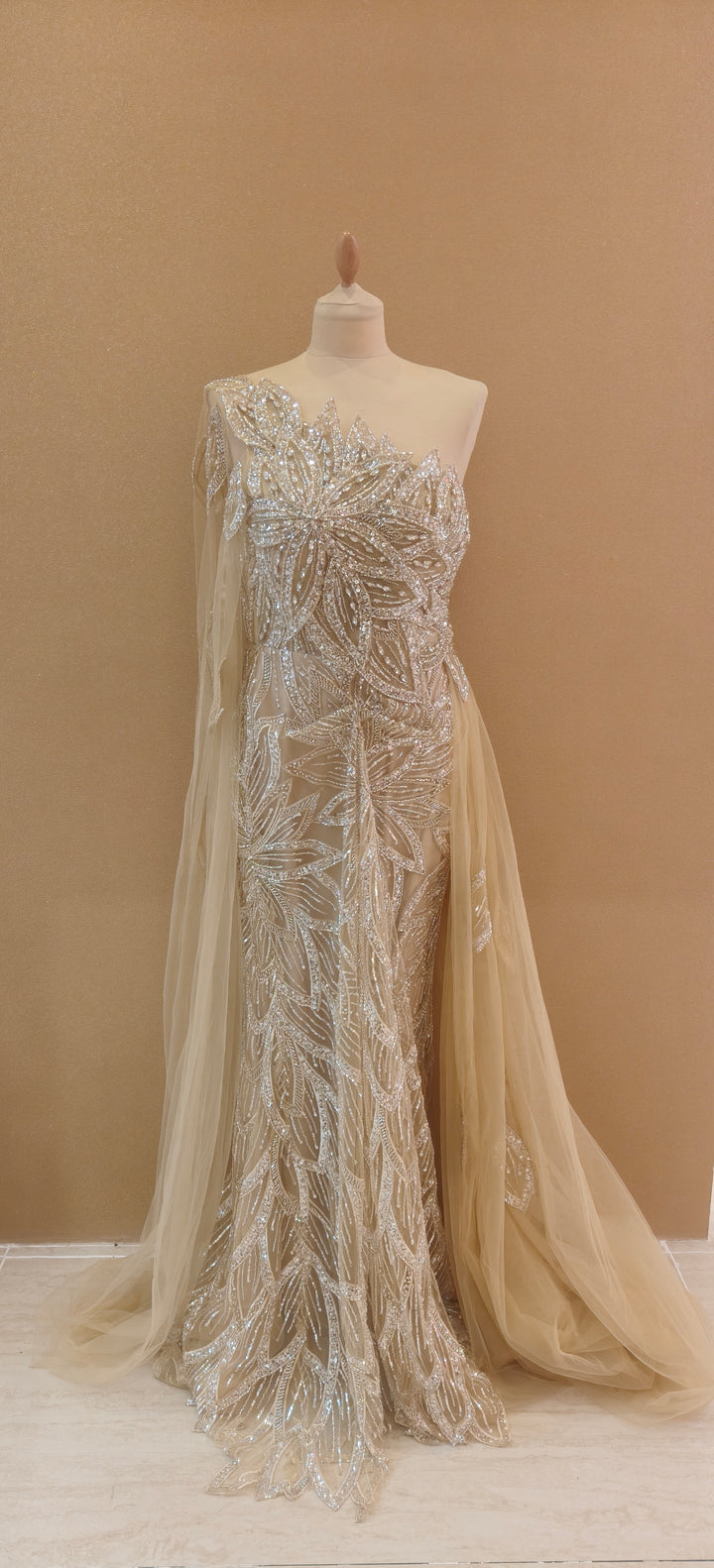 Champagne Floral Sequin One-Shoulder Gown| Inaayat by Divya Taimni