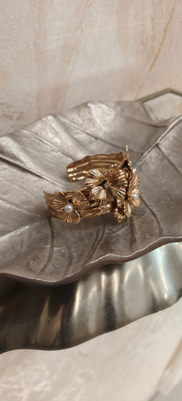 Gold Floral Textured Cuff Bracelet|Inaayat by Divya Tainmi