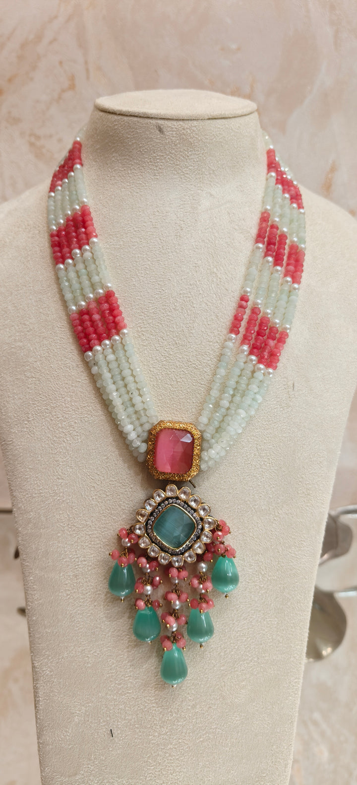 Multicolor Tumble Bead Statement Necklace with Ornate Pendant |Inaayat By Divya Taimni