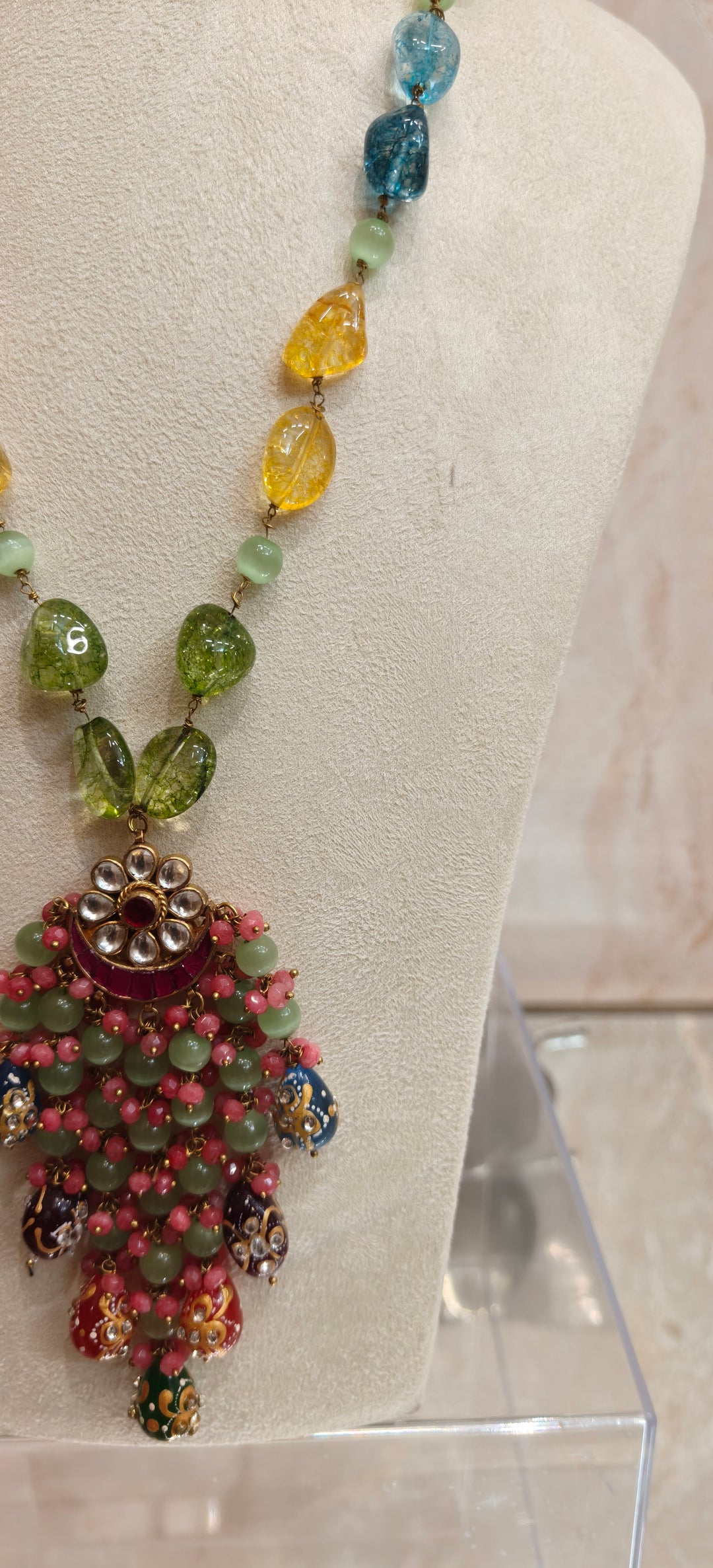 Multicolor Tumble Bead Statement Necklace with Ornate Pendant |Inaayat By Divya Taimni