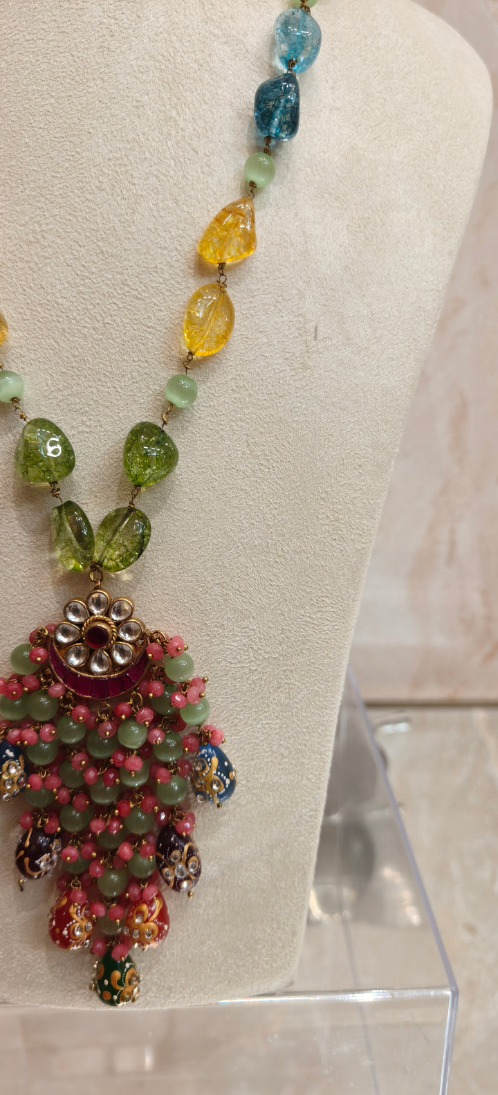Multicolor Tumble Bead Statement Necklace with Ornate Pendant |Inaayat By Divya Taimni