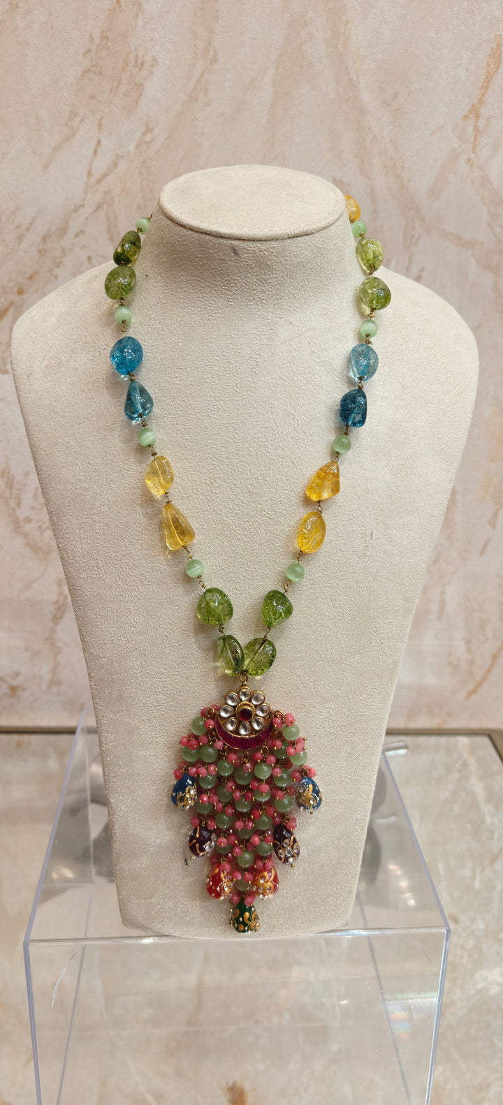 Multicolor Tumble Bead Statement Necklace with Ornate Pendant |Inaayat By Divya Taimni