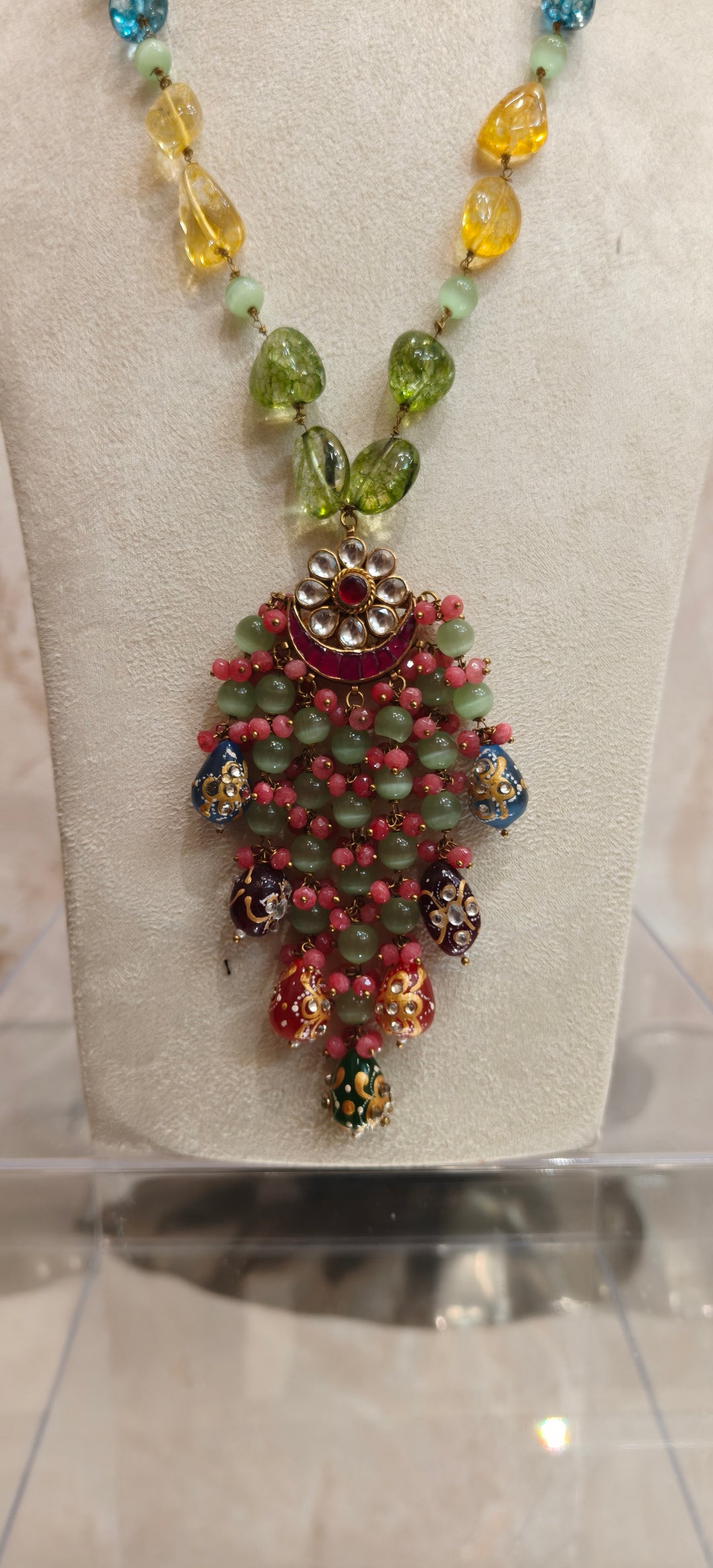 Multicolor Tumble Bead Statement Necklace with Ornate Pendant |Inaayat By Divya Taimni
